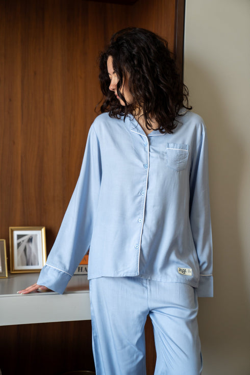 Women summer pajama set Light Blue buttoned shirt + Pants